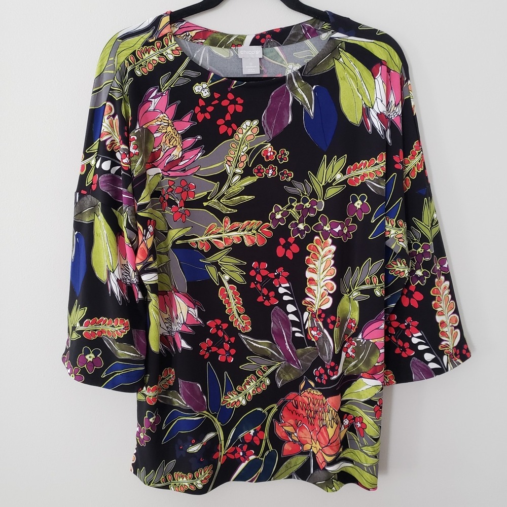 Chicos Floral Tropical Stretch Top SIZE 4/6 SMALL Resort Vacation Comfort Office